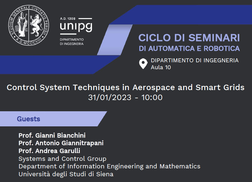 Seminario 'Control System Techniques in Aerospace and Smart Grids'  - 31 Gennaio 2023