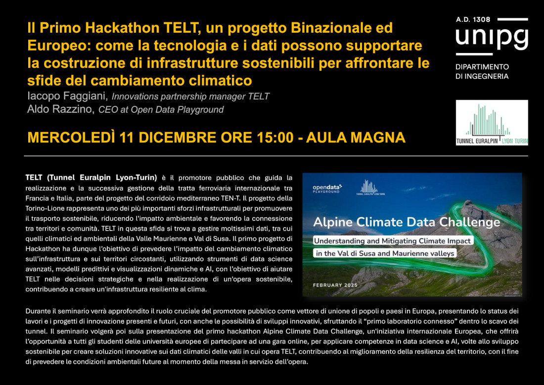 "Il Primo Hackathon TELT, un progetto Binazionale ed Europeo: come la tecnologia e i dati possono supportare la costruzione di infrastrutture sostenibili per affrontare le sfide del cambiamento climatico" - Seminario